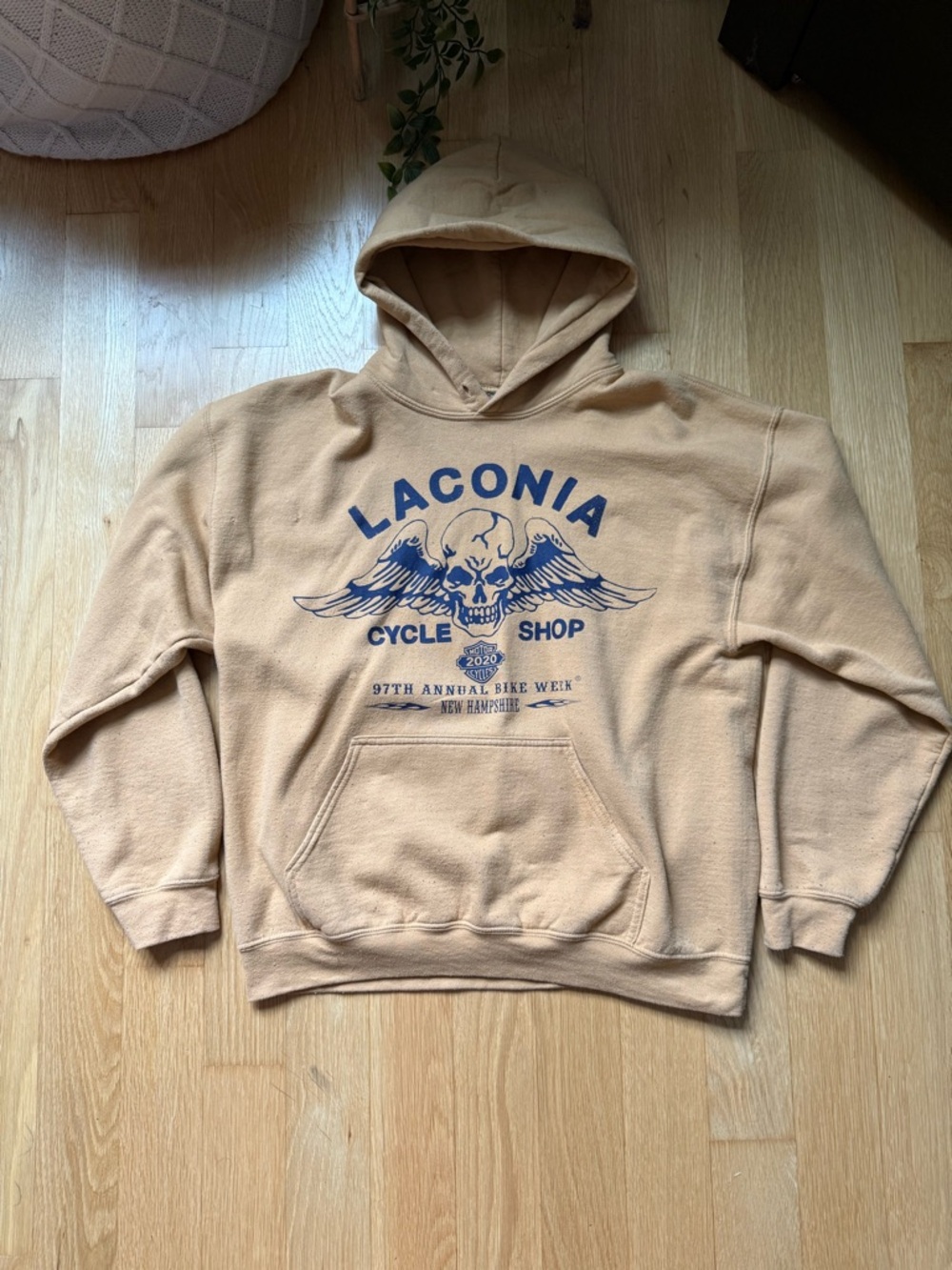 Gildan Tan Hoodie with Navy Laconia Skull Graphic